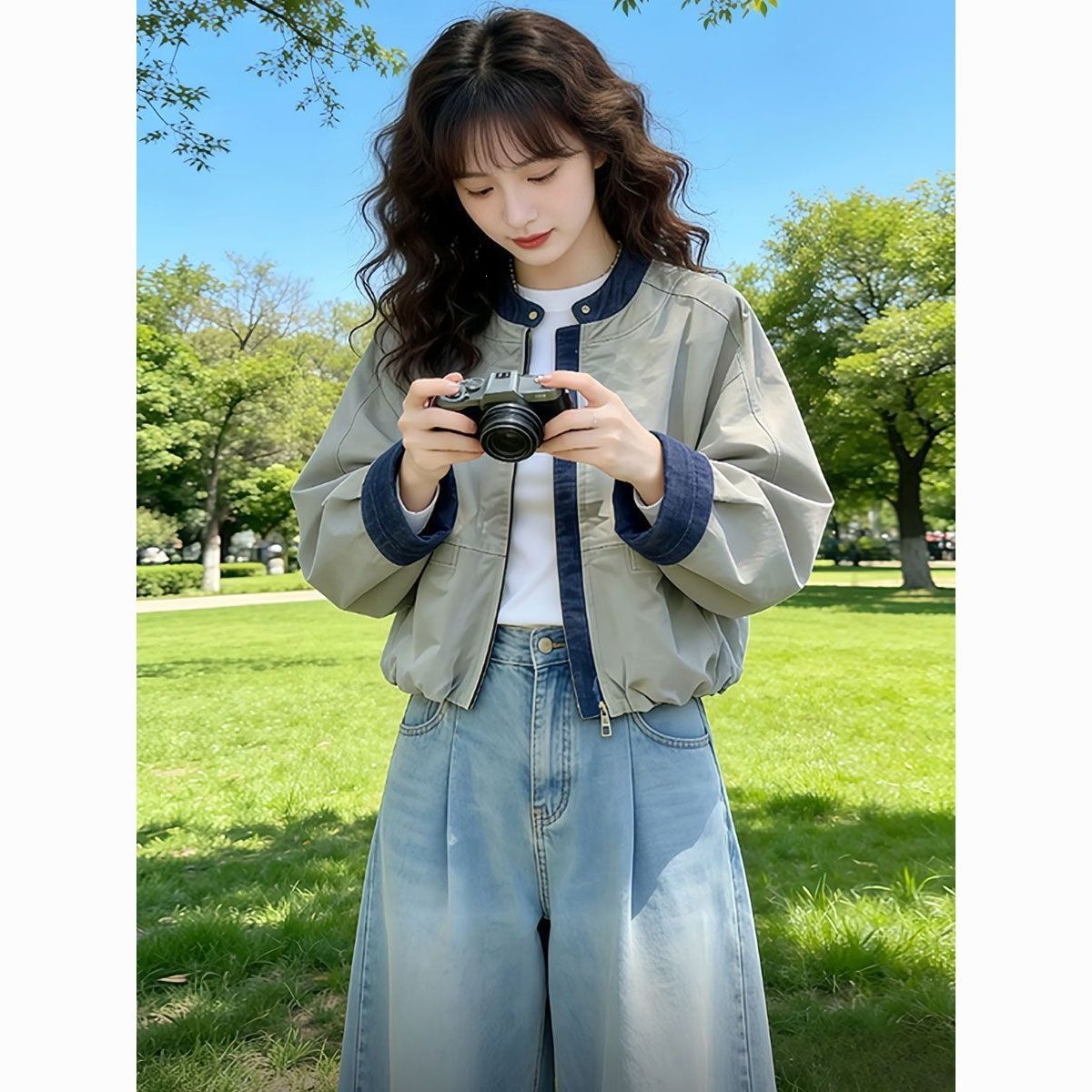 韩版宽松立领撞色拼接短外套女2026春秋新款设计感夹克棒球服上衣