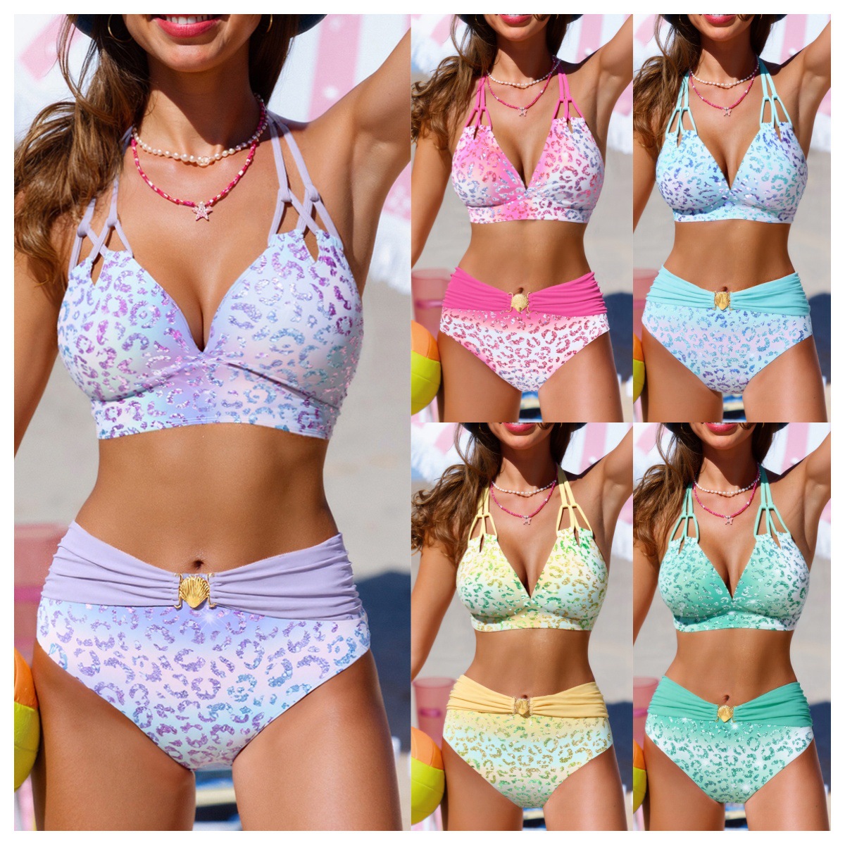 Leopard Print Bikini Swimsuit Women's Sexy Cut Out Cross Strap High Waist Belly Covering Bikini Two-Piece Swimsuit Women