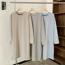 德绒条纹长袖睡裙男士连衣裙宽松大码家居服睡袍保暖中长裙浴袍裙