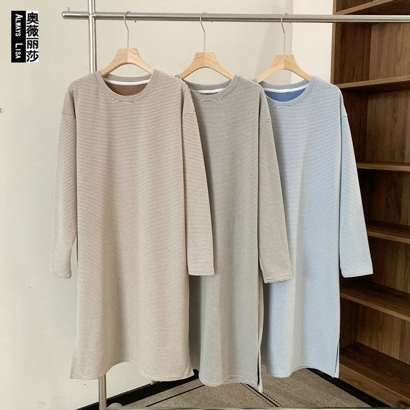 德绒条纹长袖睡裙男士连衣裙宽松大码家居服睡袍保暖中长裙浴袍裙