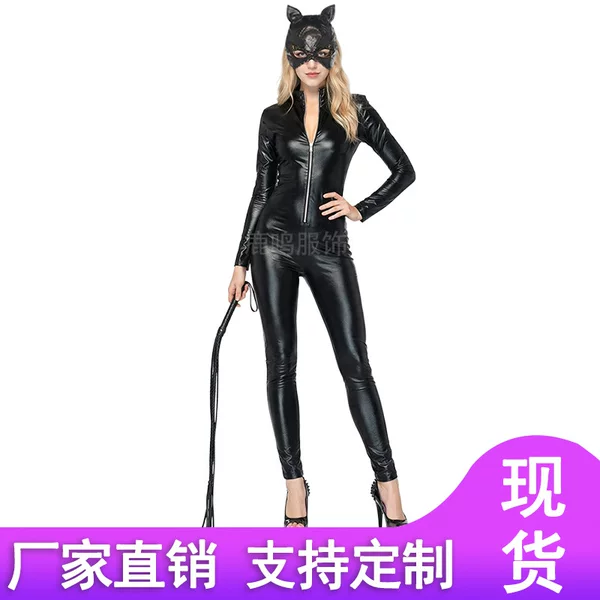 European and American Halloween Catwoman Cosplay Uniform Party Performance Outfit Patent Leather Tight-Fitting Jumpsuit Stage Performance Costume