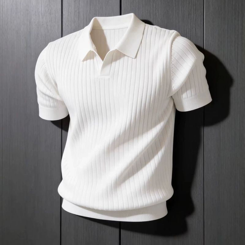 Cross-Border Thick Striped Knit Short-Sleeve Men's Summer American-Style V-Neck Regular Shoulder T-Shirt Old Money Style Husband-Like Outfit Polo Shirt Cross-Border Thick Striped Knit Short-Sleeve Men's Summer American-Style V-Neck Regular Shoulder T-Shirt Old Money Style Husband-Like Outfit Polo Shirt
