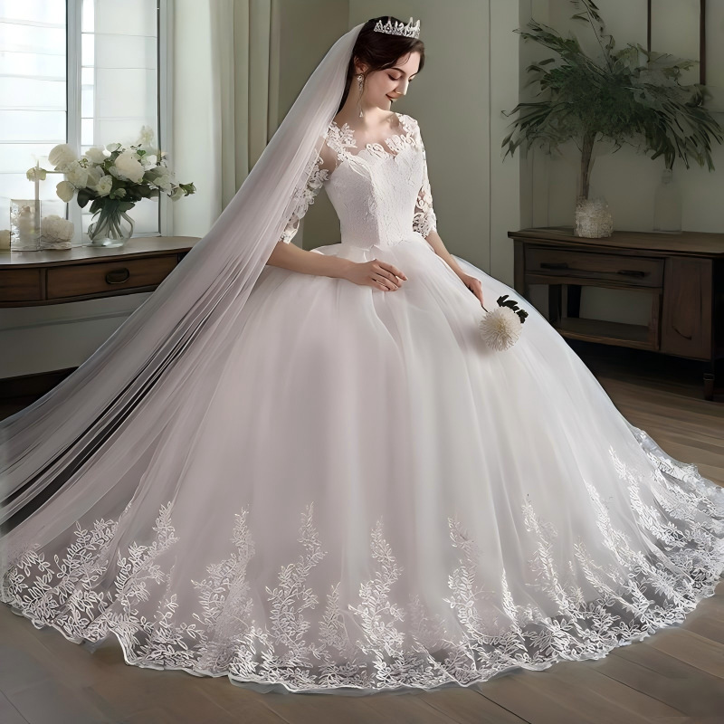 Long-Sleeve Wedding Dress for Brides 2026 New French-Style Simple Gown for Petite Figures, Slimming Effect, Plus-Size, Floor-Length, Summer Long-Sleeve Wedding Dress for Brides 2026 New French-Style Simple Gown for Petite Figures, Slimming Effect, Plus-Size, Floor-Length, Summer