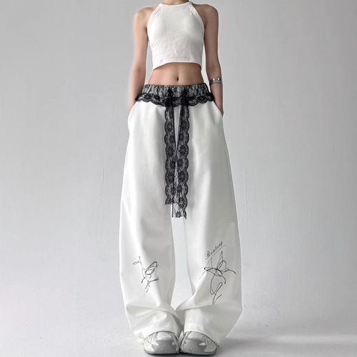American-style bow lace casual pants for women, spring and autumn color-blocking and splicing track pants, sweet and spicy, pure desire style, design sense sportswear