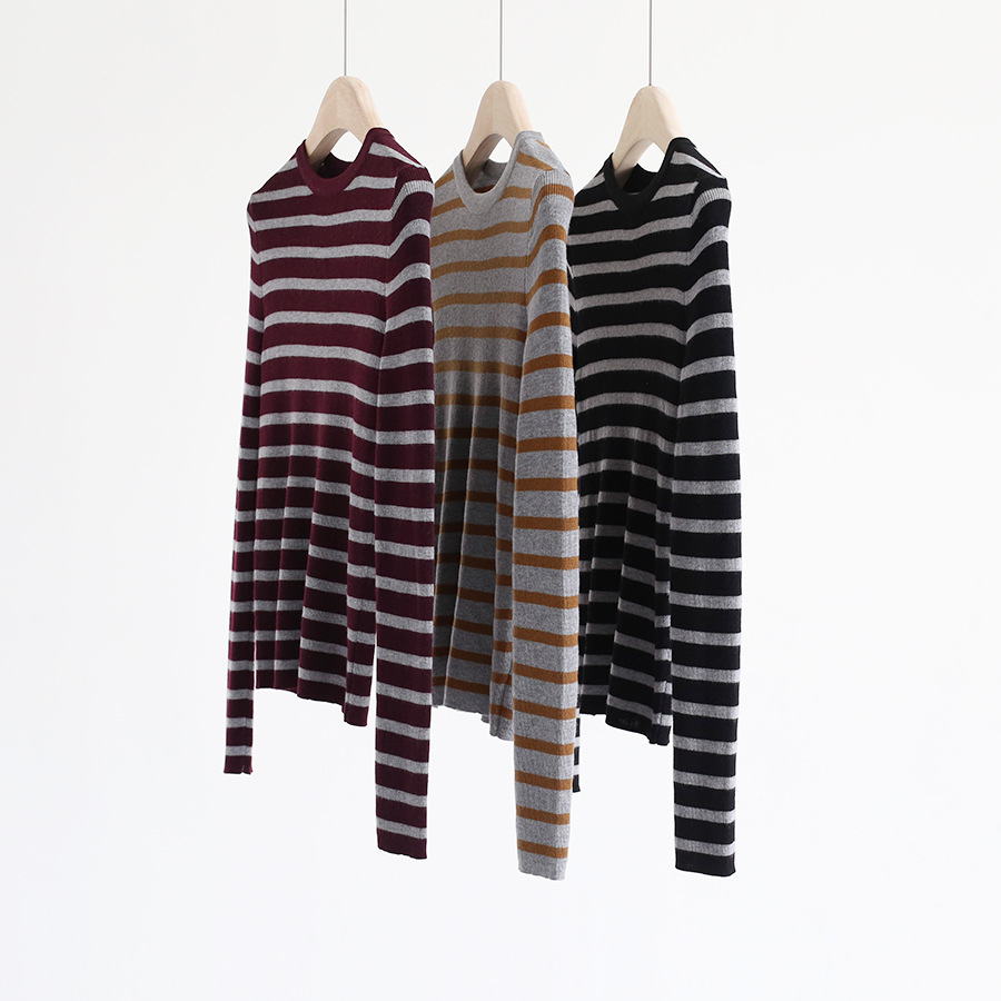 Autumn and Winter Korean Style Striped Base Shirt for Women, Round Neck Spring and Summer Thin Wool Knitwear, Slim Fit Long-Sleeve T-Shirt for Women