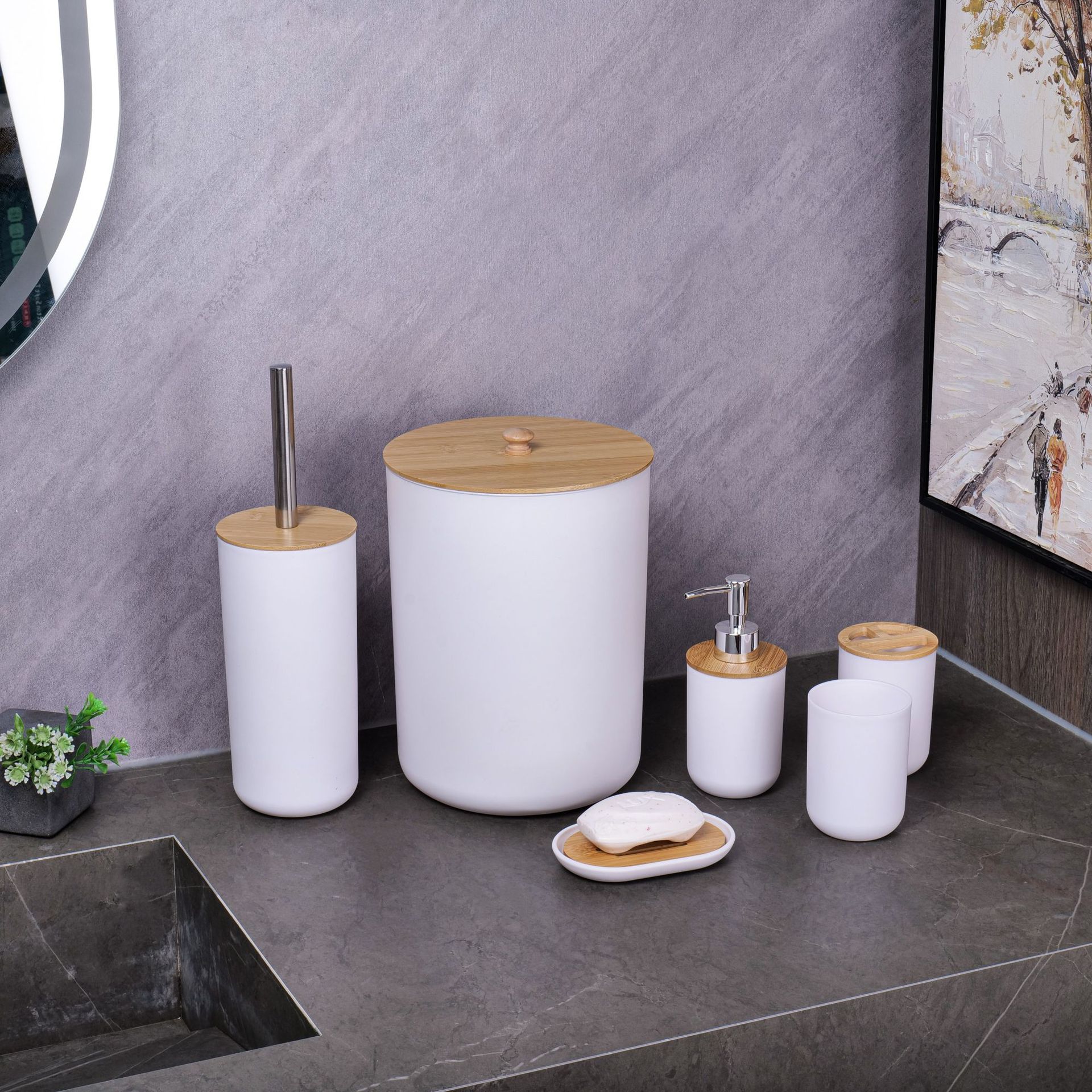 YUFEI Baño transfronterizo lavado de bambú y madera juego de seis piezas bomba de loción cepillo de dientes taza caja de jabón estilo nórdico traje simple