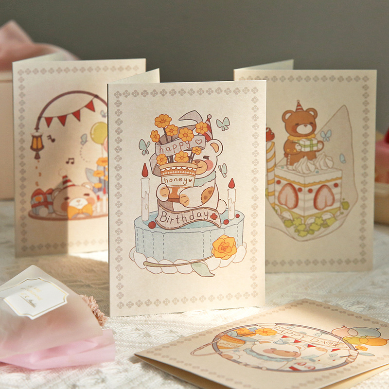 复古小熊生日贺卡送礼祝福对折卡片情侣闺蜜可爱生日节日礼物