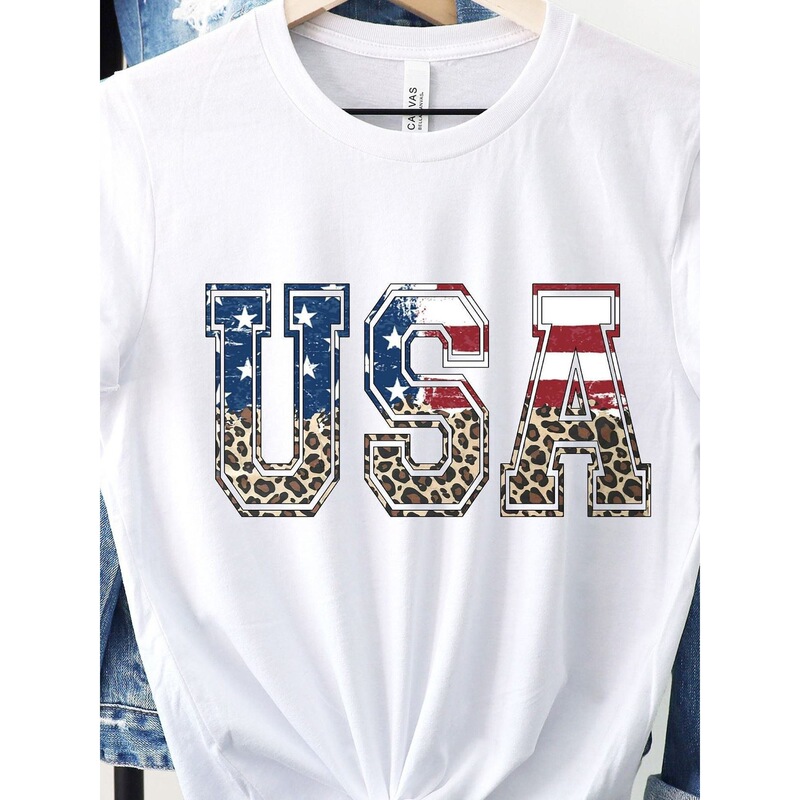 【European Size Cotton T-Shirt】American T-Shirt Independence Day Commemorative Shirt July 4Th Themed Shirt Stars and Stripes Print White