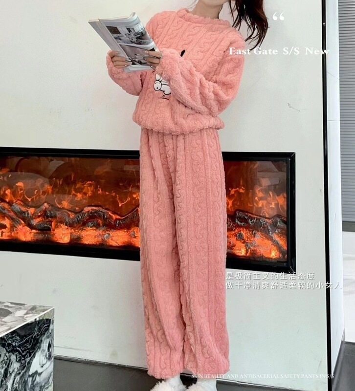 秋冬季珊瑚绒睡衣套装女加绒加厚家居服时尚可外穿法兰绒开衫睡袍|undefined