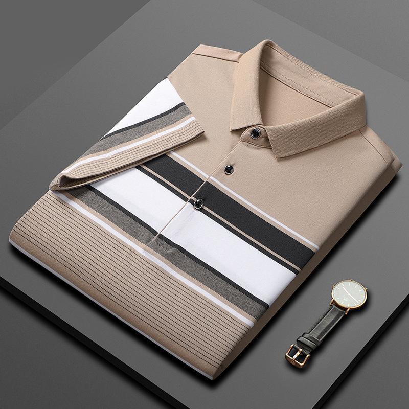 Men's pure cotton polo shirt, high-end light business striped T-shirt, new summer style, short-sleeved striped stretch collar T-shirt