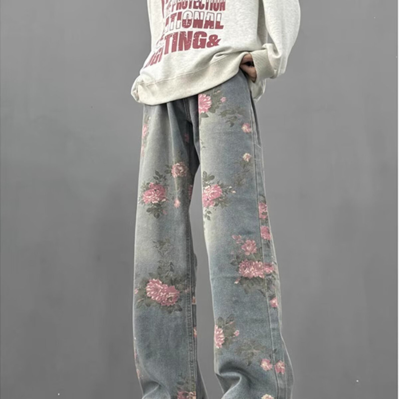 Ethnic Style Printed Denim Wide Leg Pants Men's 2025 New Spring High Waist Loose Slimming Chinese Style Mopping Trousers