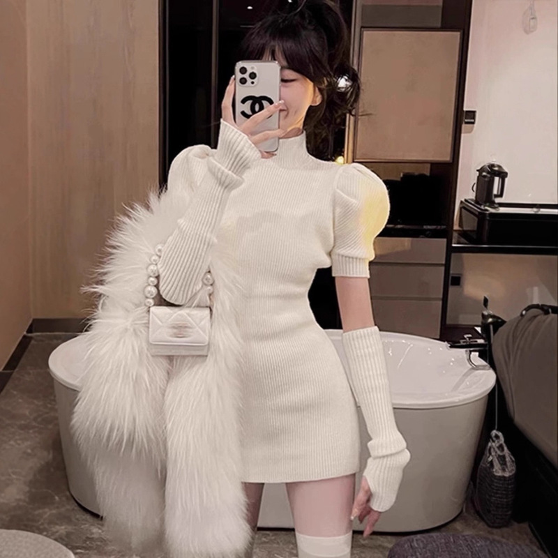 2025 New Autumn and Winter Age-Reducing Sleeve Sweater Women's Puff Sleeve Elegant Inner Knitted Dress Slim Two-Piece Set 2025 New Autumn and Winter Age-Reducing Sleeve Sweater Women's Puff Sleeve Elegant Inner Knitted Dress Slim Two-Piece Set