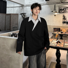 假两件V领撞色拼接条纹衬衫领卫衣T恤潮男宽松长袖 CD2262