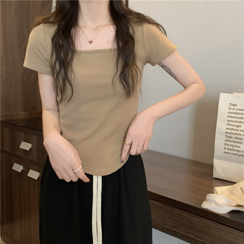 175g Weight Short Sleeve Sleeve Length Polyester Fabric Type Short Top Length T-shirt Tops Type Casual, Daily Occasion Square Neck Neckline Slim Fit Type Solid Color Pattern Spring, Autumn Season Women's Gender Casual, Simple Style Style Wholesale Women's Casual Simple Style Solid Color Short Sleeve T-Shirts 12
