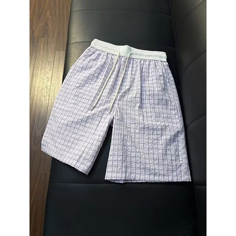 Men's Thin Seersucker Ice Silk Plaid Quick Drying Beach Shorts Summer Athletic Capri Pants_viptrois.com