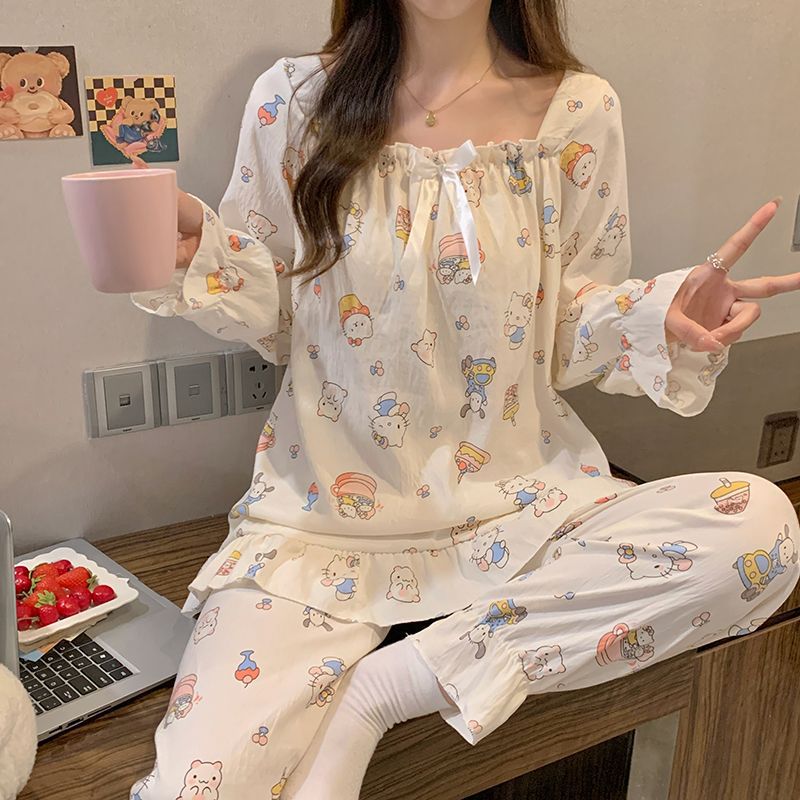 Pijamas de tela arrugada al por mayor transfronterizos primavera y otoño dulce princesa cinturón de viento almohadilla de pecho pantalones de manga larga dos piezas de ropa para el hogar
