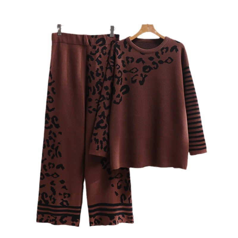 Women's Clothing autumn and winter new fashion suit leopard jacquard loose slim sweater wide leg pants knit two piece suit for women_voghion.com