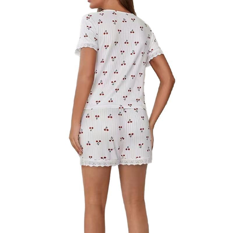 ヨーロッパとアメリカンスタイルの女性のパジャマ秋と夏のセクシーなVネックレースチェリープリントTシャツスリム半袖ショーツホームウェア|undefined