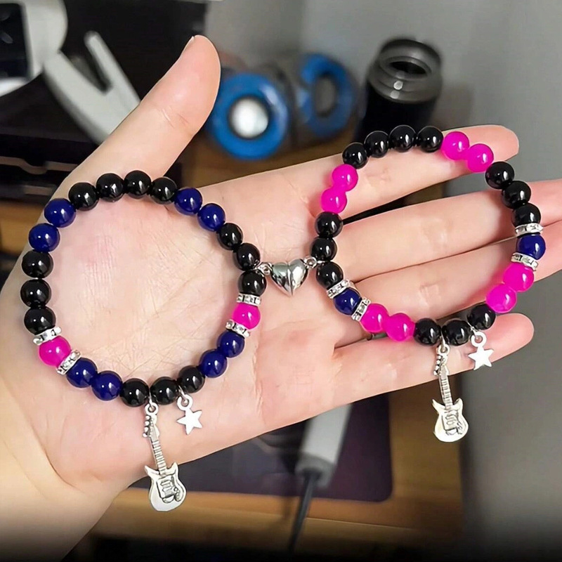 Hot Guitar Five-pointed Star Love Magnetic Sticking Bracelet Beaded Elastic Adjustable Couple Holiday Bracelet