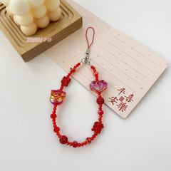 原創中國風大紅色新年水晶珠手工串珠福字平安鎖合金鑽球手機掛鏈