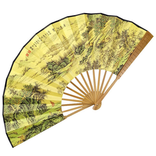 Chinese-style bamboo handle rattan fan, 10-inch, men's silk fabric, retro folding traditional Chinese style folding fan, Hanfu portable gift, handicraft fan