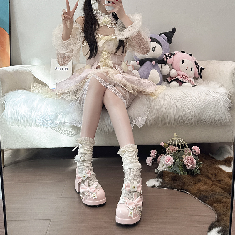 Sweet and Cute Lolita Round-Toe Princess Shoes with Bow Lace and Rabbit Design, Square Heel, Waterproof High-Heeled Single Shoes