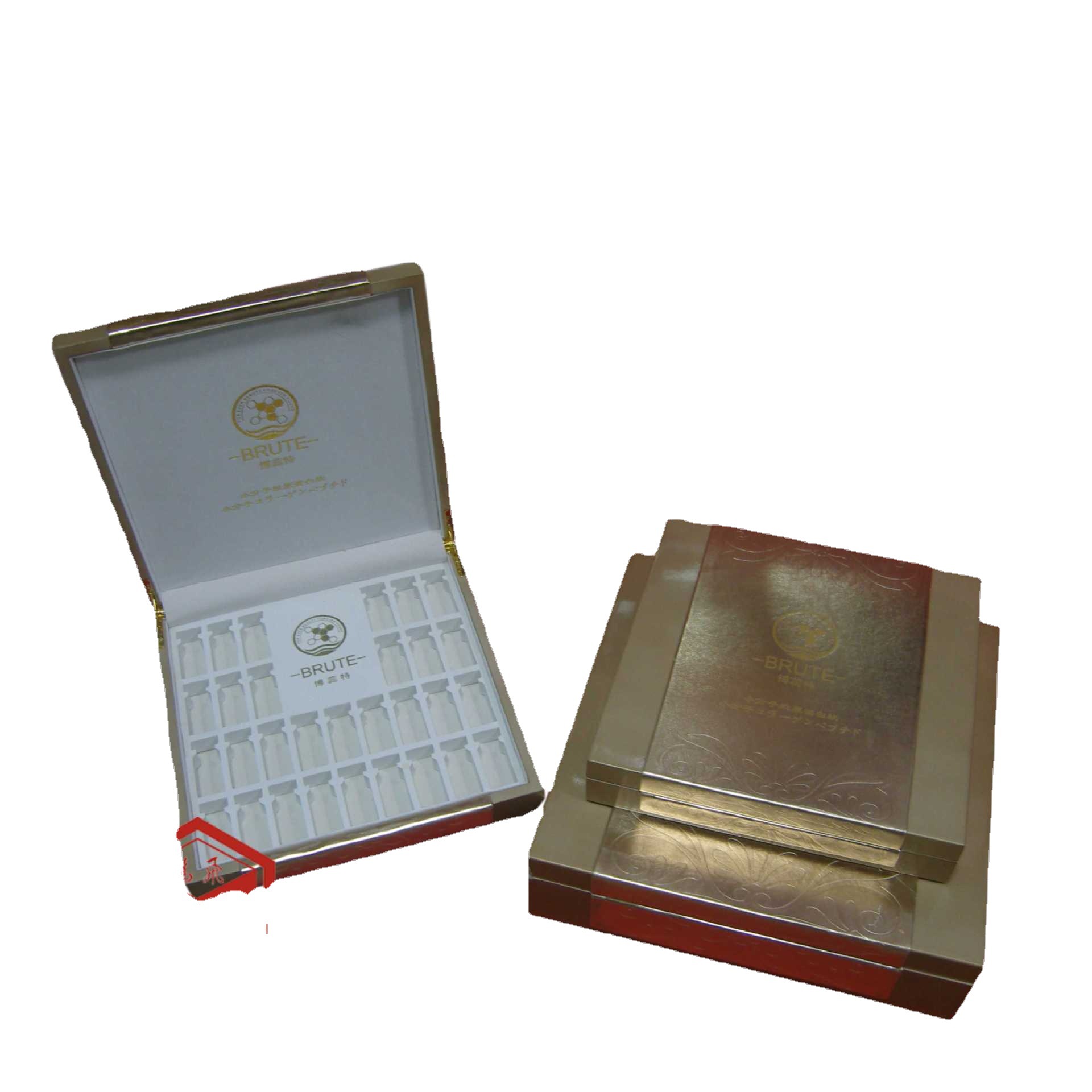 供应PU皮喷漆木盒化妆品礼盒包装鹏飞工厂生产雕刻上金冻干粉套盒