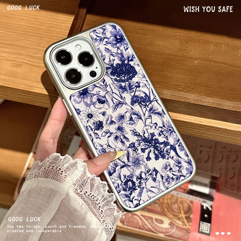 Apple 16PM 中国風青と白の磁器ブルーフラワー携帯電話ケース iphone15pro シルバーエッジ接着剤保護ケースに適しています。|undefined
