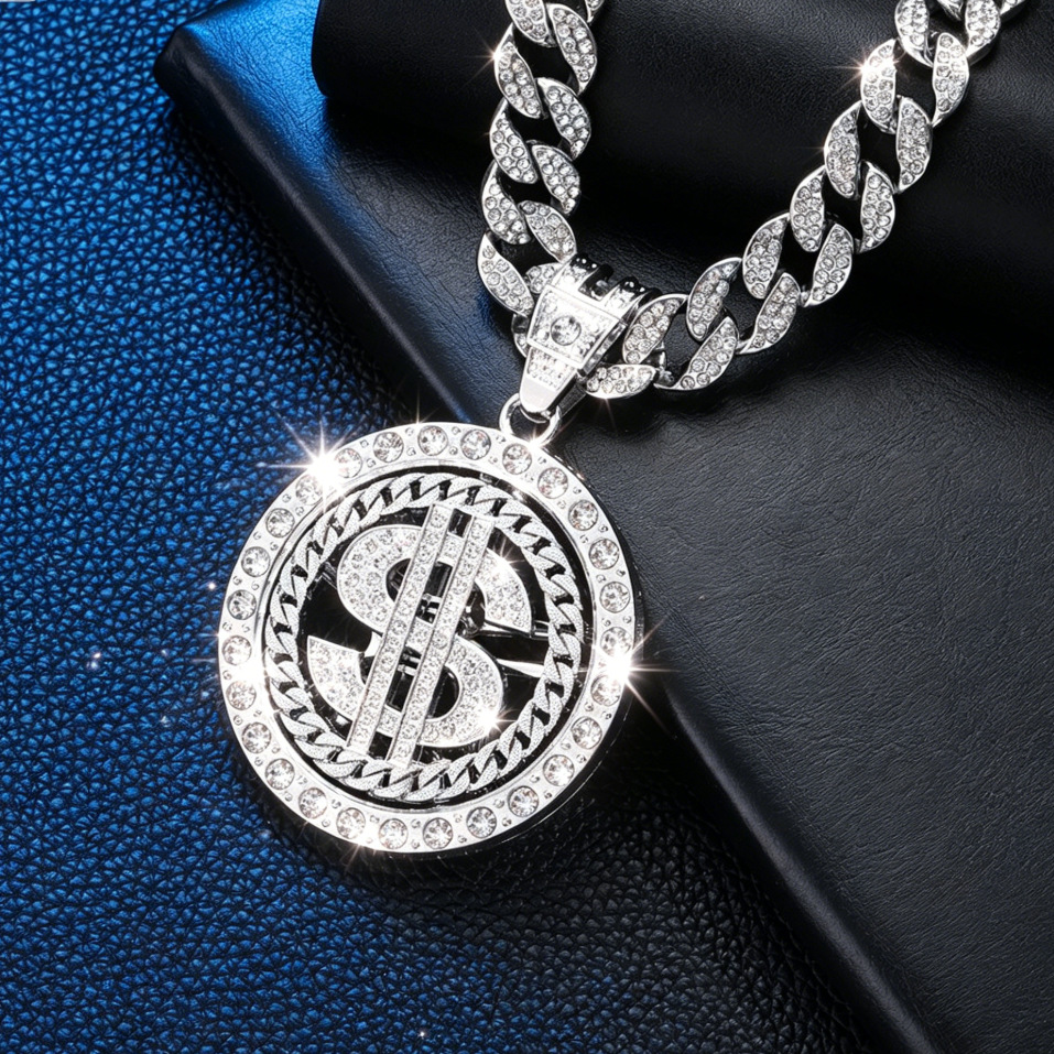 Collar de aleación de zinc con patrón de moneda de dólar giratorio de marca de moda para hombres de hip-hop europeo y americano colgante de estilo dólar personalizado