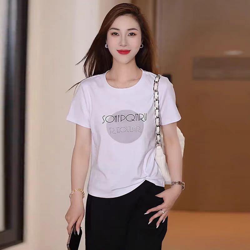 夏季新款烫钻字母印花女士t恤短袖休闲时尚百搭显瘦捏褶圆领上衣