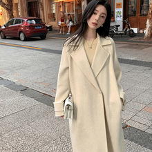 秋冬新款白色骆驼绒双面呢外套女宽松中长款翻领慵懒羊绒大衣