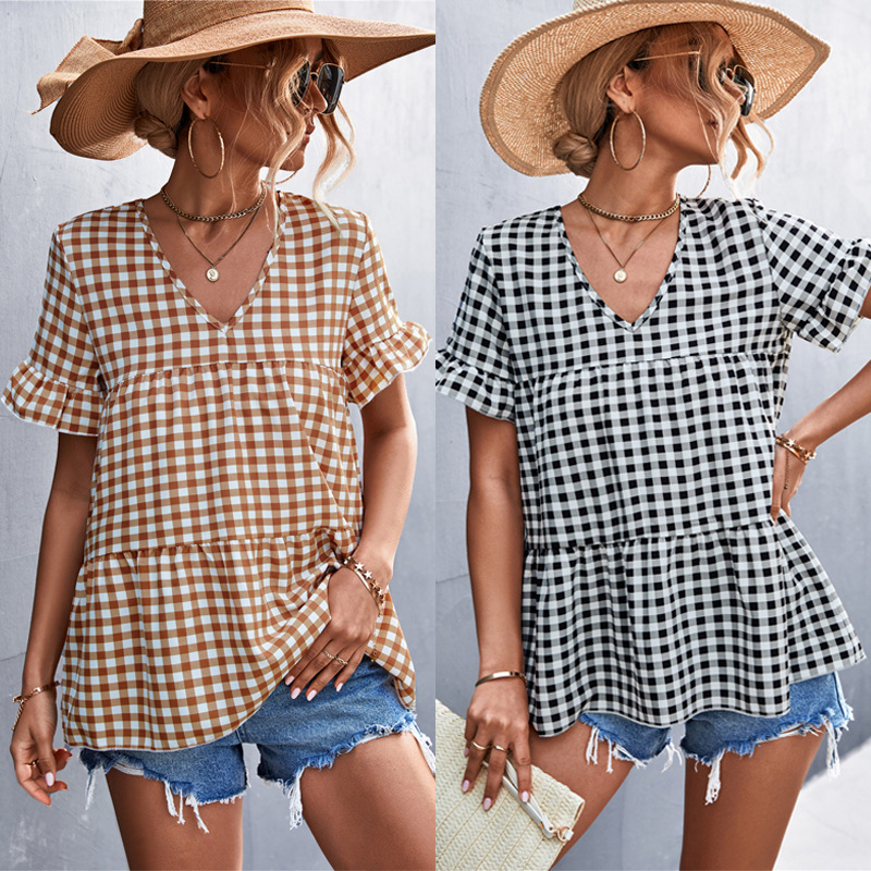 European and American Cross-Border Spring/Summer New Arrivals 2026, Independent Site Amazon Bestseller, Classic Plaid V-Neck Doll-Style Top for Women