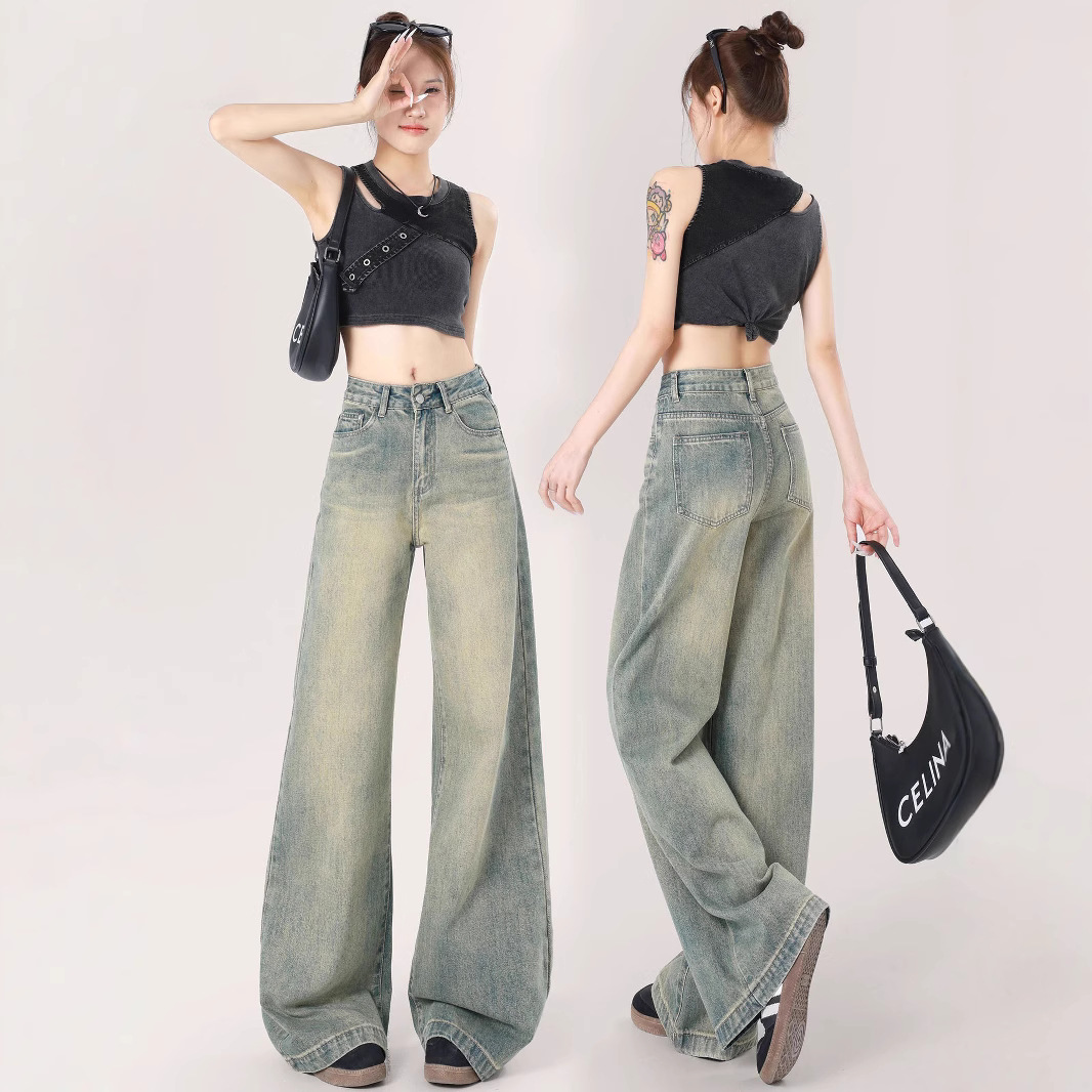 미국 스타일 높은 허리 오래 된 넓은 다리 청바지 여성의 2024 새로운 가을과 겨울 느슨한 슬림
