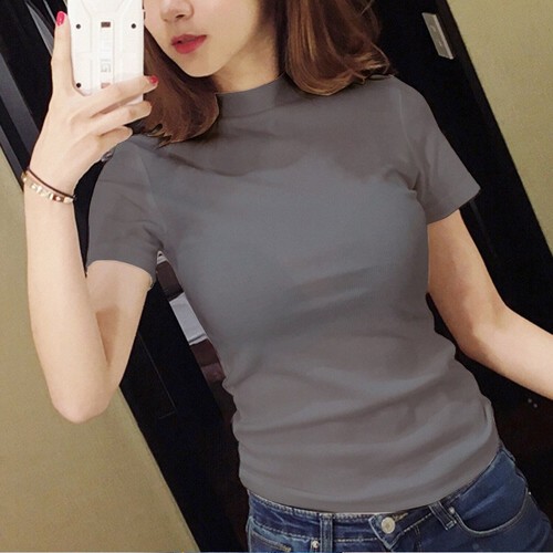Women's Short Sleeve High-Neck White T-shirt, Bodycon Stretch Top, Summer High-Neck Tight Fitting Thin Base Layer Shirt