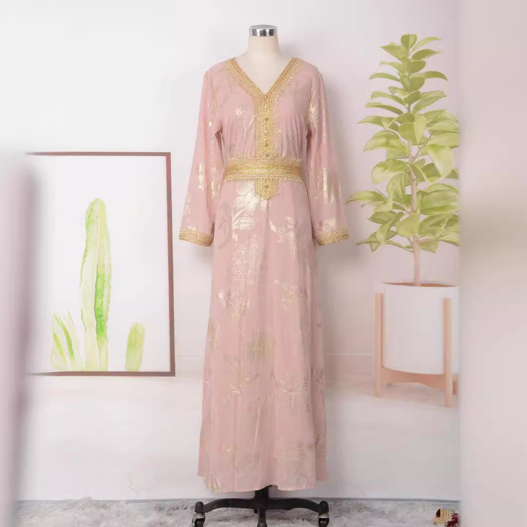 MT166 Cross-border Women's Fashion Long Sleeve V-neck Dress, Popular In Middle East, Arabia, Dubai, Muslim Robe_ecoleips.com