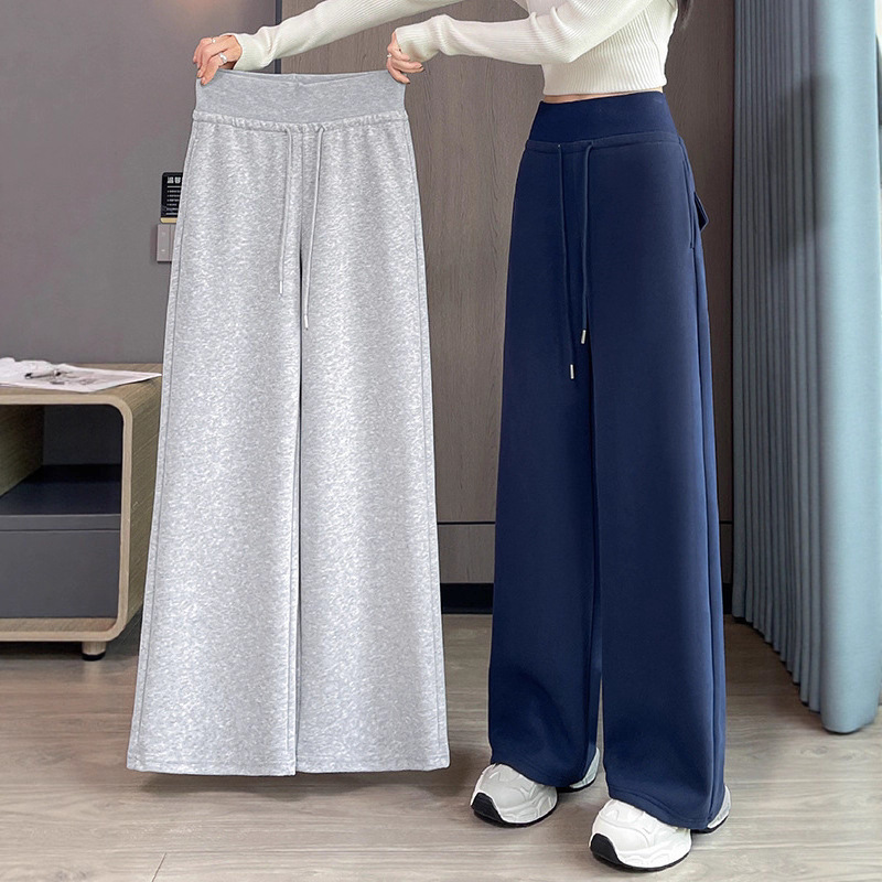 Autumn and Winter Fleece-Lined Ultra-High-Waisted Women's Fitness Yoga Casual Sweatpants Petite Navy Blue Loose Wide-Leg Pants