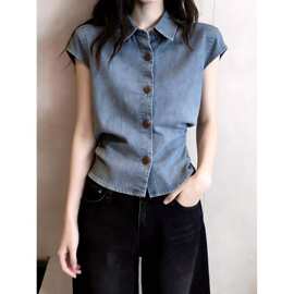 金步康韩系法式设计感牛仔短袖衬衫女通勤小众气质上衣夏季新款时