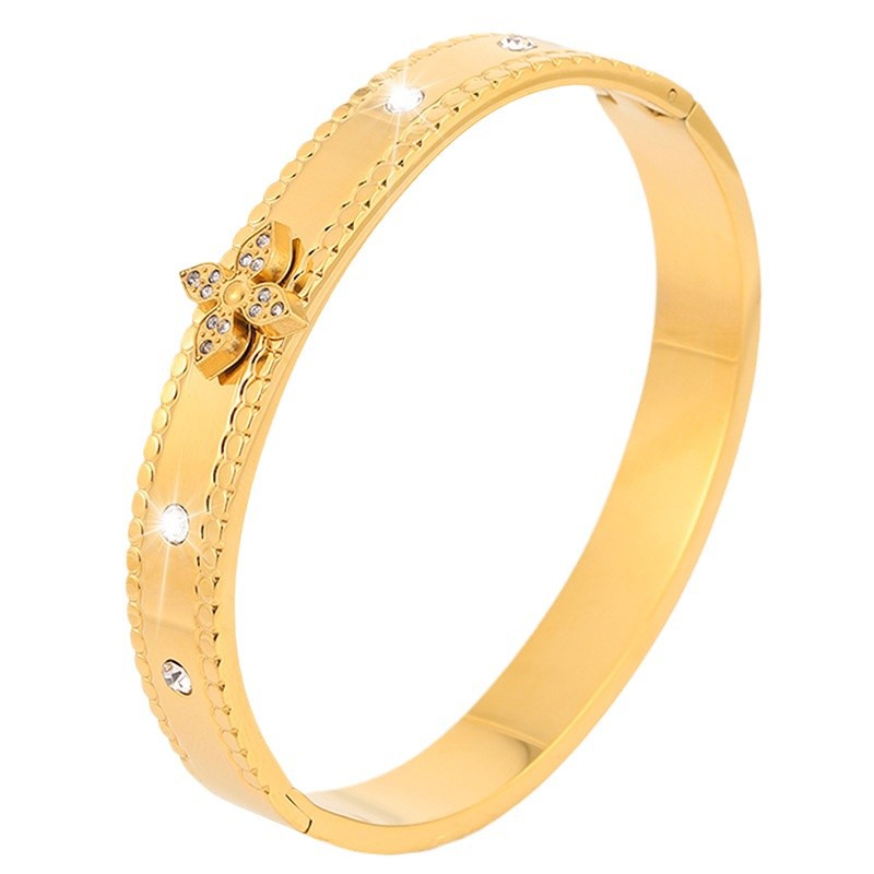 Brazalete de acero inoxidable de cuatro hojas de flores de diamantes de lujo ligero flores no se desvanecen pétalos pareja joyas de brazalete de acero de titanio image 6