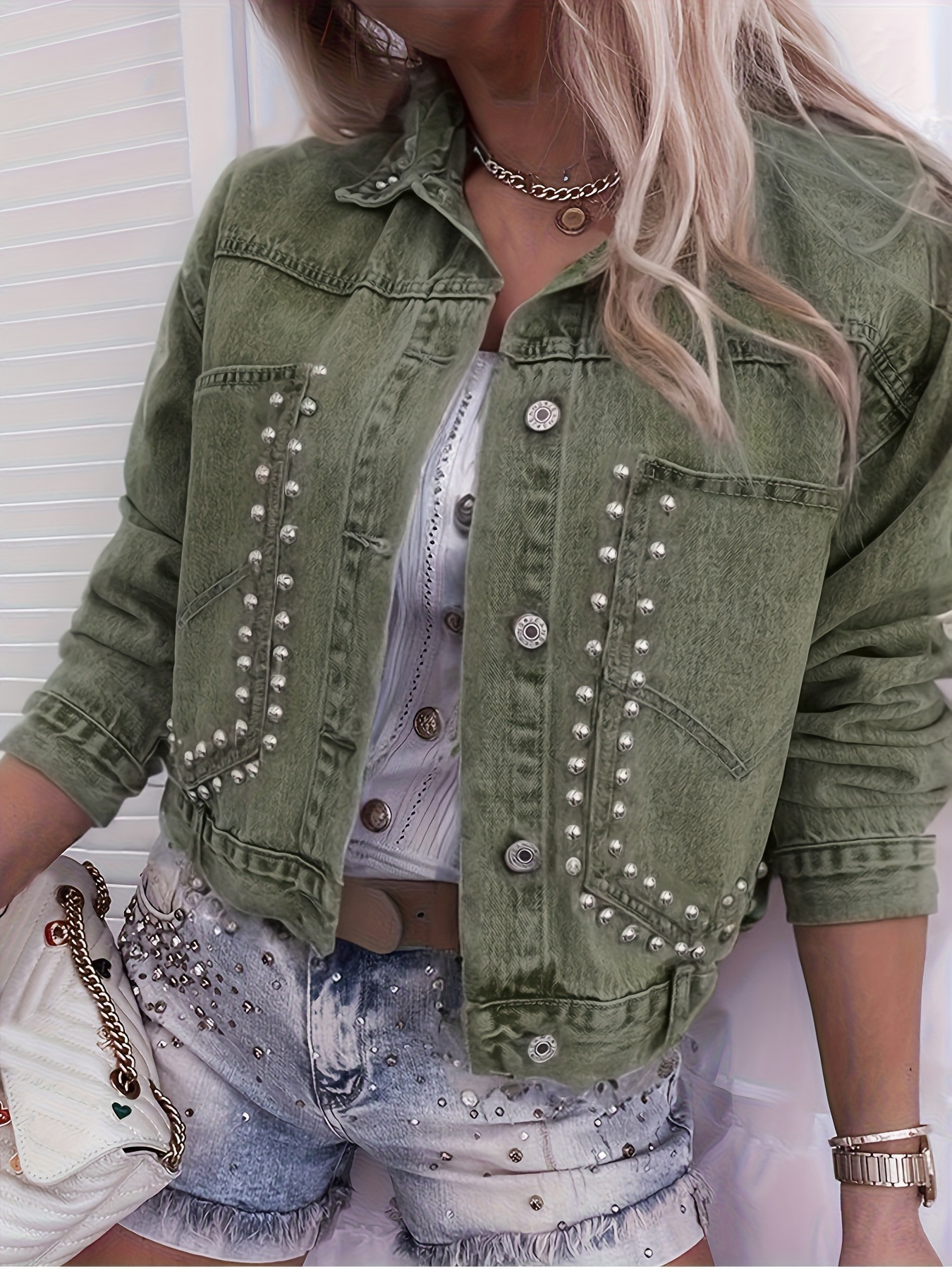 Cross-border Ladies Colour Jeans OVERSIZE Remached Inlaid Pocket Bordado Jacket de manga larga