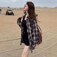 美式复古格子长袖衬衫女秋季设计感小众衬衣外套时尚休闲宽松上衣