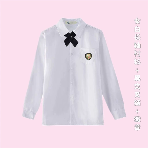Female white long -sleeved shirt+black cross knot+triangle badge