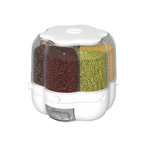 New transparent six-compartment rotating rice bucket, insect-proof and moisture-proof grain bucket, push-type metering rice bucket wholesale