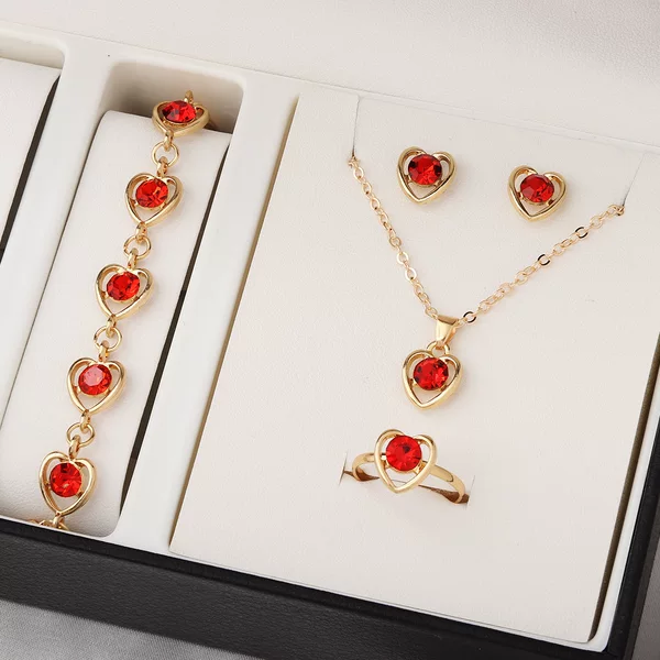 Amazon Cross-border European and American Crystal Love Jewelry Fashion Temperament Peach Heart Necklace Earrings Ring Bracelet Four-piece Set