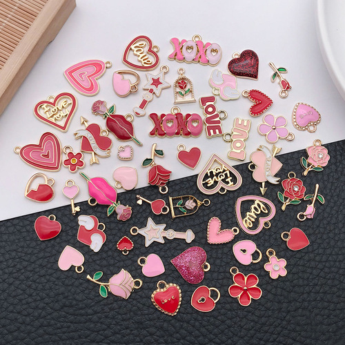 Red Powder Love Heart Beads, 50 Pieces, DIY Bracelet, Keychain, Necklace Pendant, Alloy Droplet Pendant