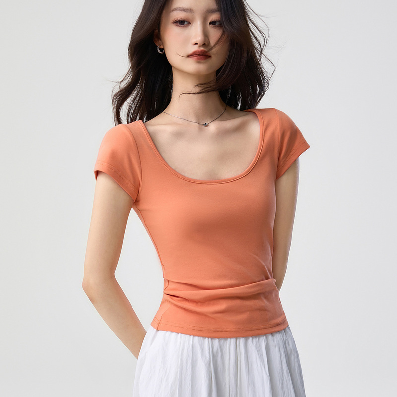 40-Count Combed Pure Cotton Large U-Neck Gentle yet Alluring Short-Sleeve T-Shirt for Women, Summer Slim-Fit Top That Shows Off the Collarbone
