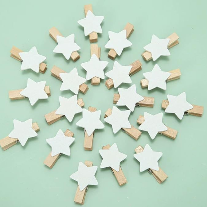 100个白色星星衣夹，白色五角星木夹圣诞木制夹子YQ