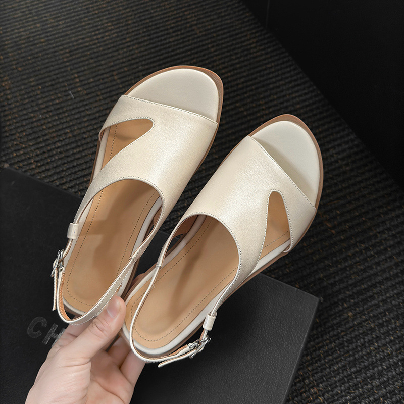 Dép sandal nữ quai ngang da bò hở mũi đế bằng kiểu La Mã — đen chi tiết 18