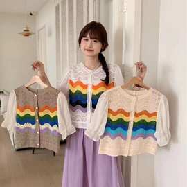 韩版复古chic彩虹条纹镂空针织小衫洋气减龄显瘦泡泡袖薄款上衣女