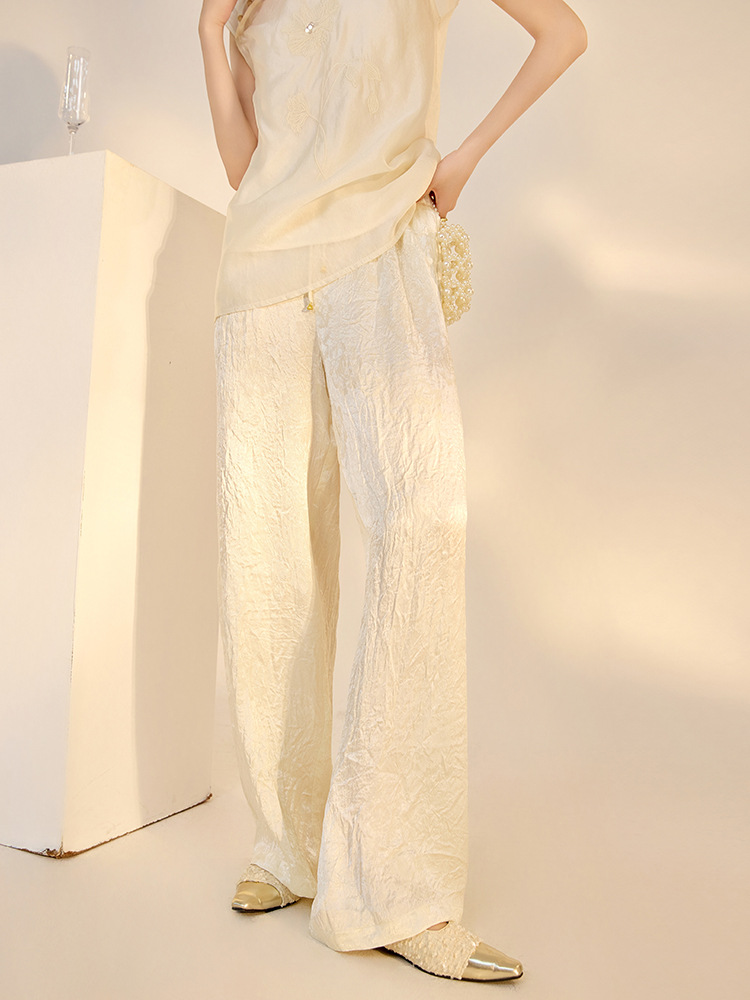Quần culottes nữ ống rộng chất acetate phong cách Trung Quốc mới — Màu vàng, Màu hồng, Màu trắng