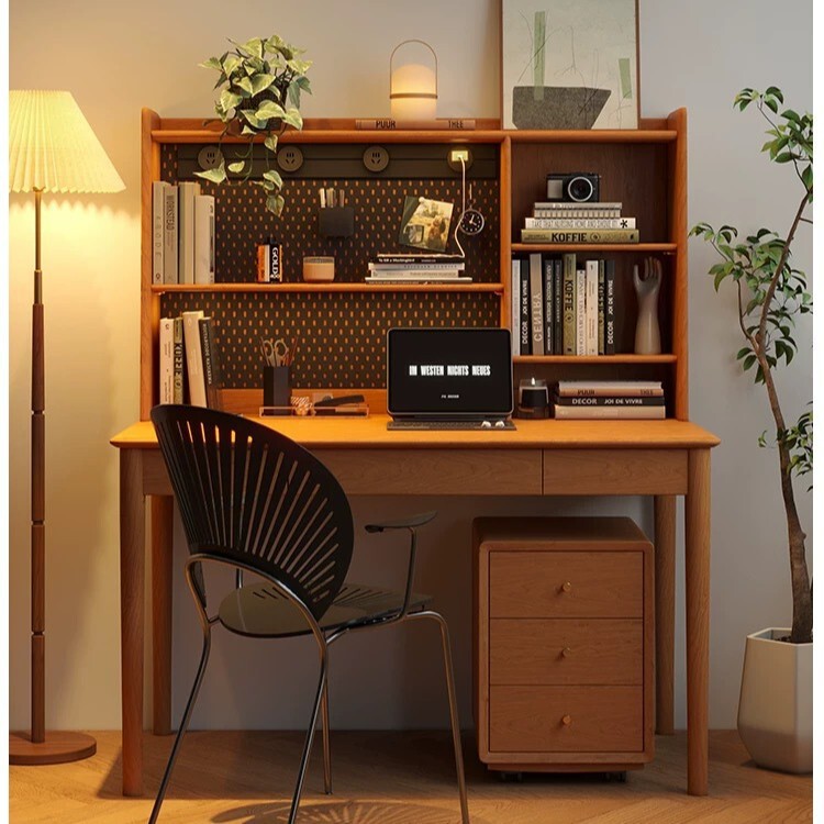 Nordic Cherry Wood Desk with Bookshelf Integrated Table Home Computer Desk Home Work Japanese Style Computer Desk Writing Desk
